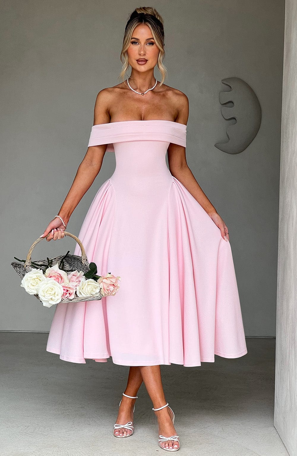 Women’s Off-Shoulder Midi Dress with Folded Neckline and Flared Skirt