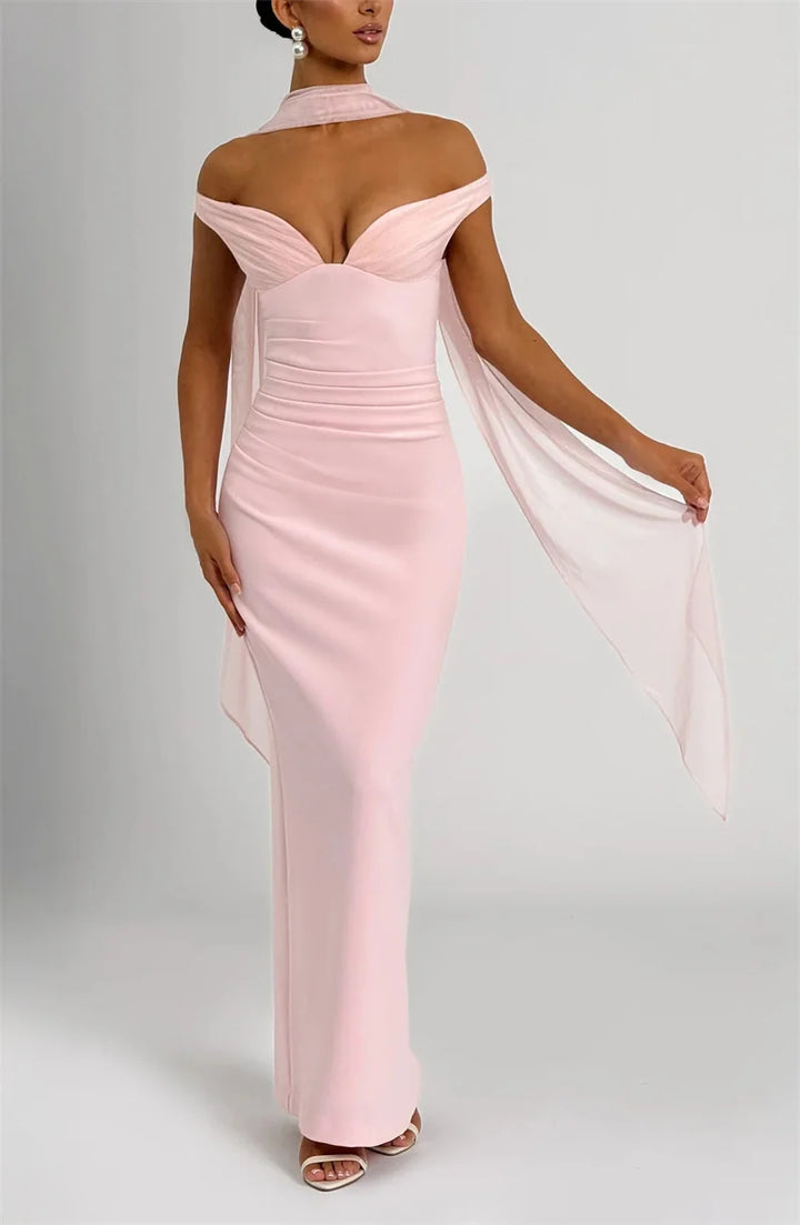 Women’s Off Shoulder Ruched Maxi Dress with Sheer Scarf