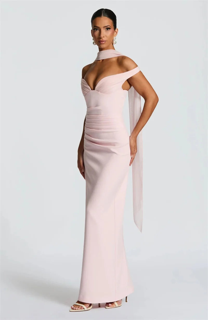 Women’s Off Shoulder Ruched Maxi Dress with Sheer Scarf