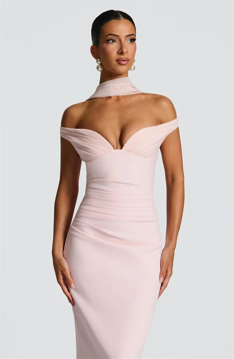 Women’s Off Shoulder Ruched Maxi Dress with Sheer Scarf