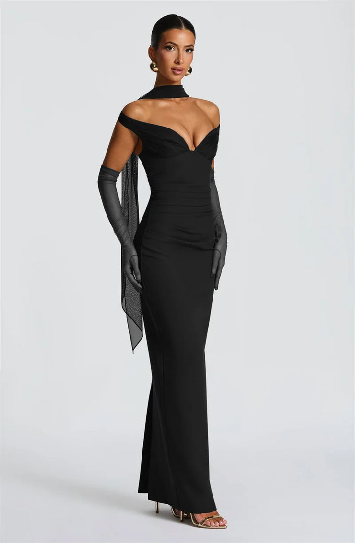Women’s Off Shoulder Ruched Maxi Dress with Sheer Scarf