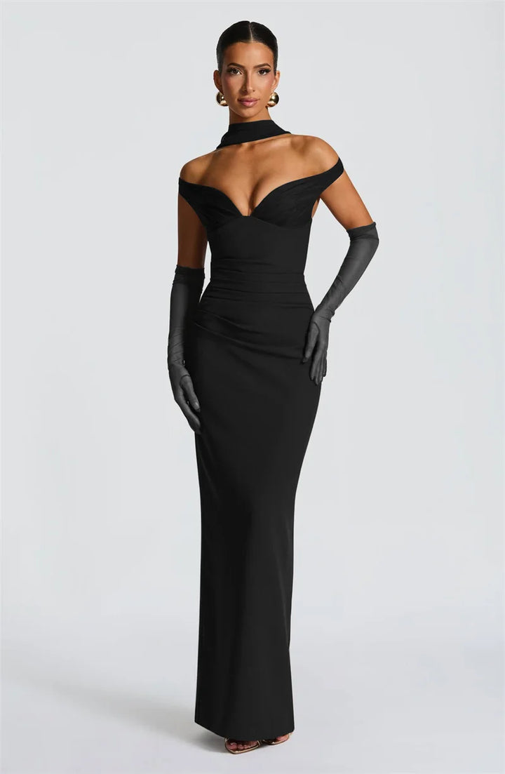 Women’s Off Shoulder Ruched Maxi Dress with Sheer Scarf