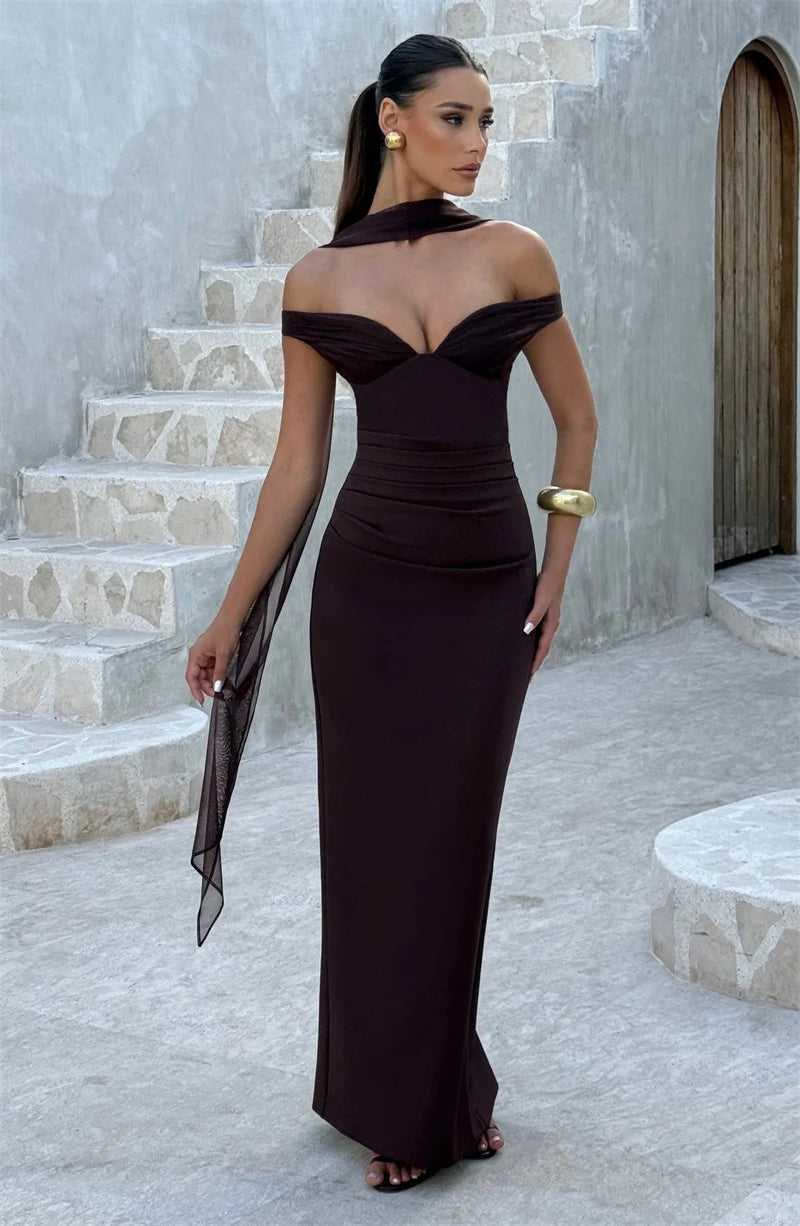 Women’s Off Shoulder Ruched Maxi Dress with Sheer Scarf