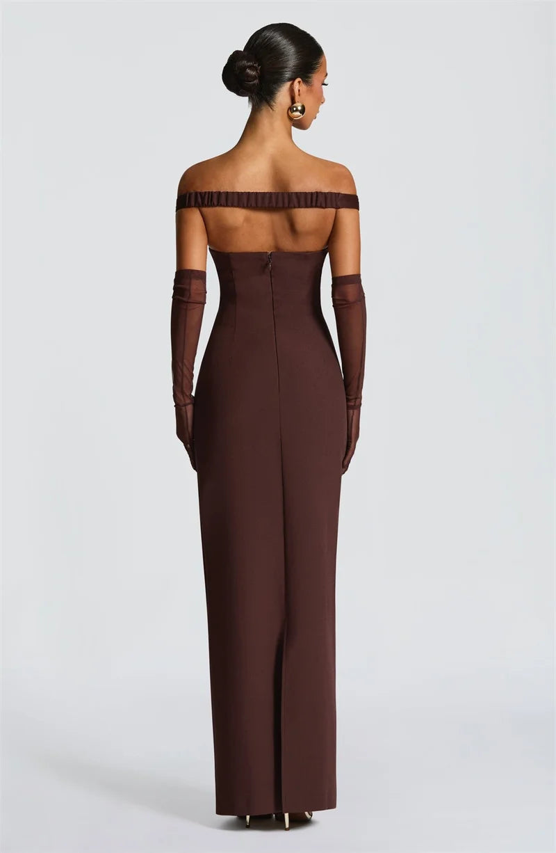 Women’s Off Shoulder Ruched Maxi Dress with Sheer Scarf