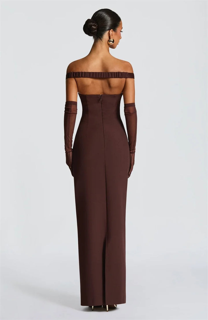 Women’s Off Shoulder Ruched Maxi Dress with Sheer Scarf