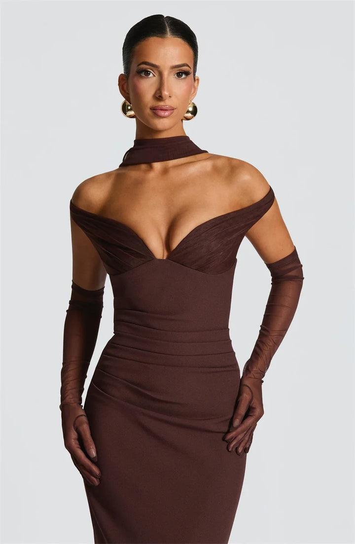 Women’s Off Shoulder Ruched Maxi Dress with Sheer Scarf