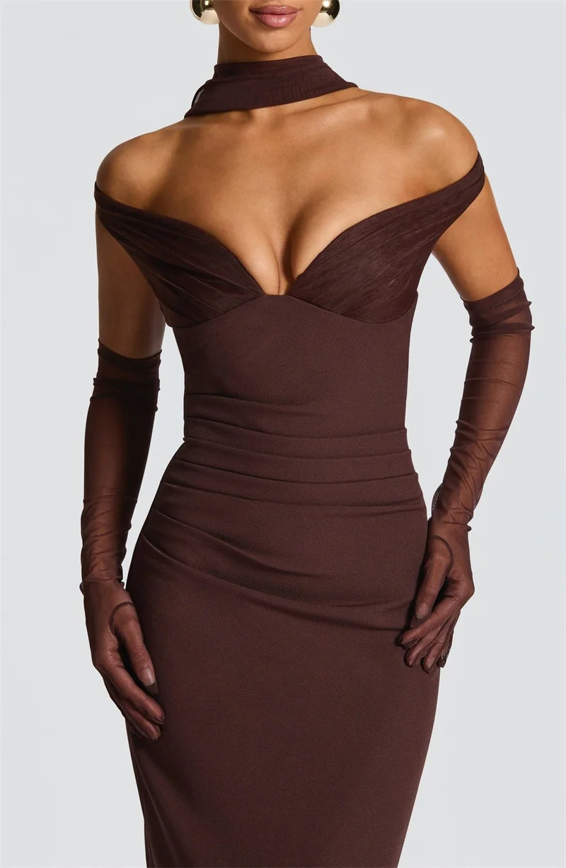 Women’s Off Shoulder Ruched Maxi Dress with Sheer Scarf