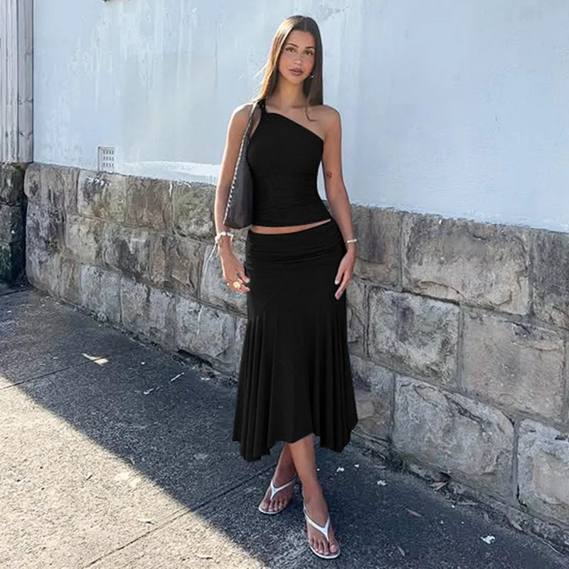 Women’s One-Shoulder Crop Top and Midi Skirt Set