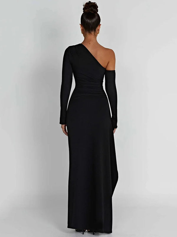 Women’s One Shoulder Long Sleeve Maxi Dress with Side Slit