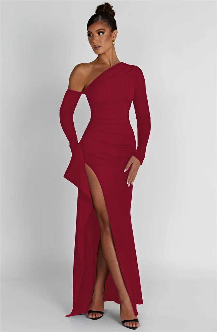 Women’s One Shoulder Long Sleeve Maxi Dress with Side Slit