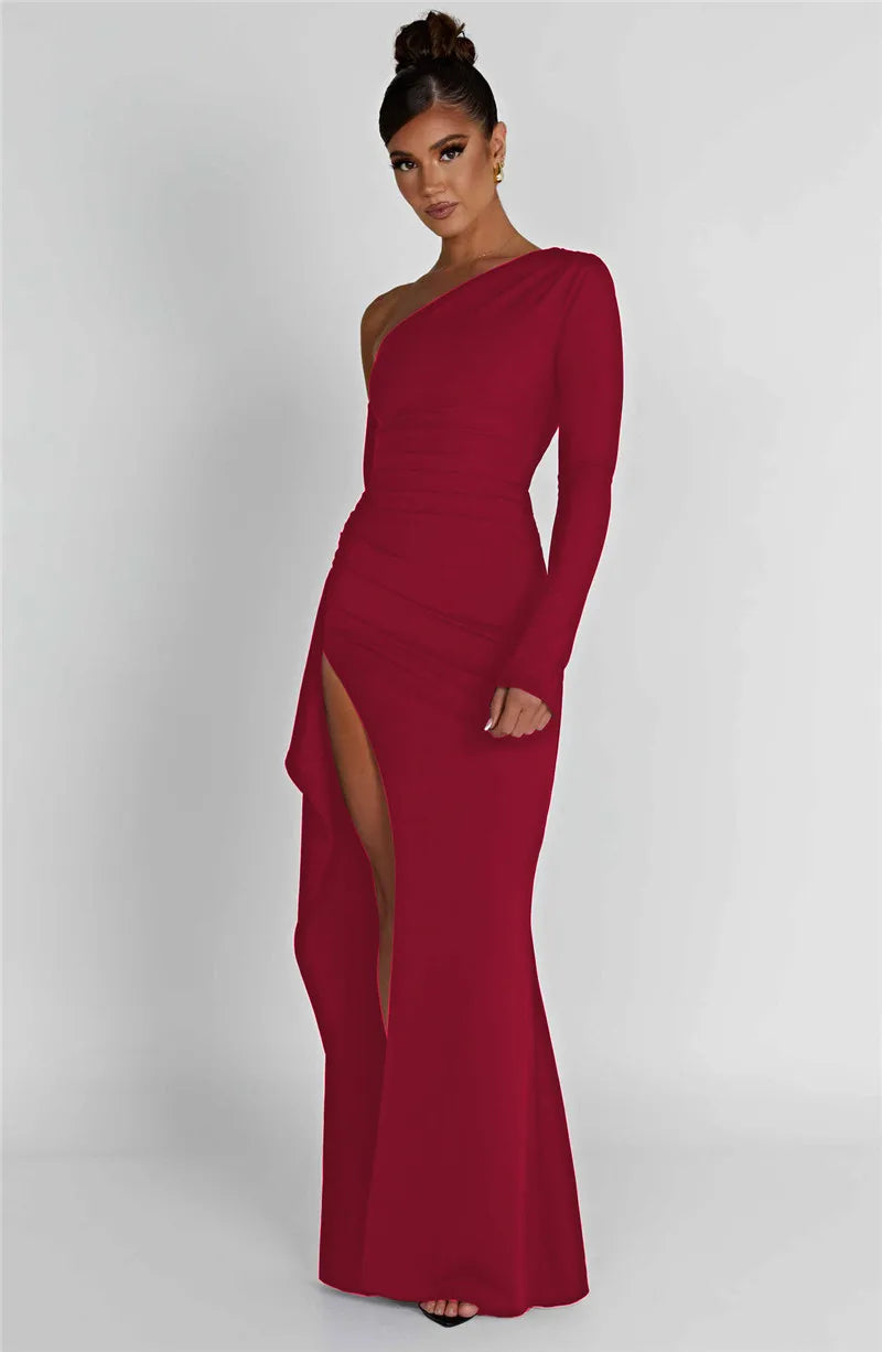 Women’s One Shoulder Long Sleeve Maxi Dress with Side Slit