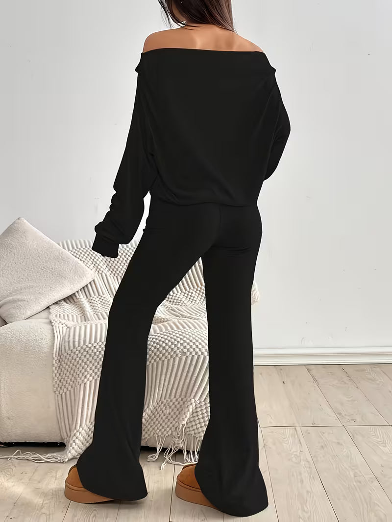 Women’s One-Shoulder Long Sleeve Top and Wide Leg Trousers Set