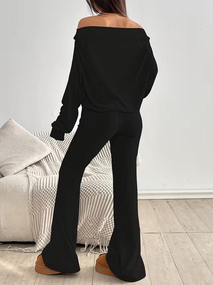 Women’s One-Shoulder Long Sleeve Top and Wide Leg Trousers Set