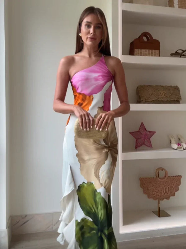Women’s One-Shoulder Maxi Dress with Floral Print