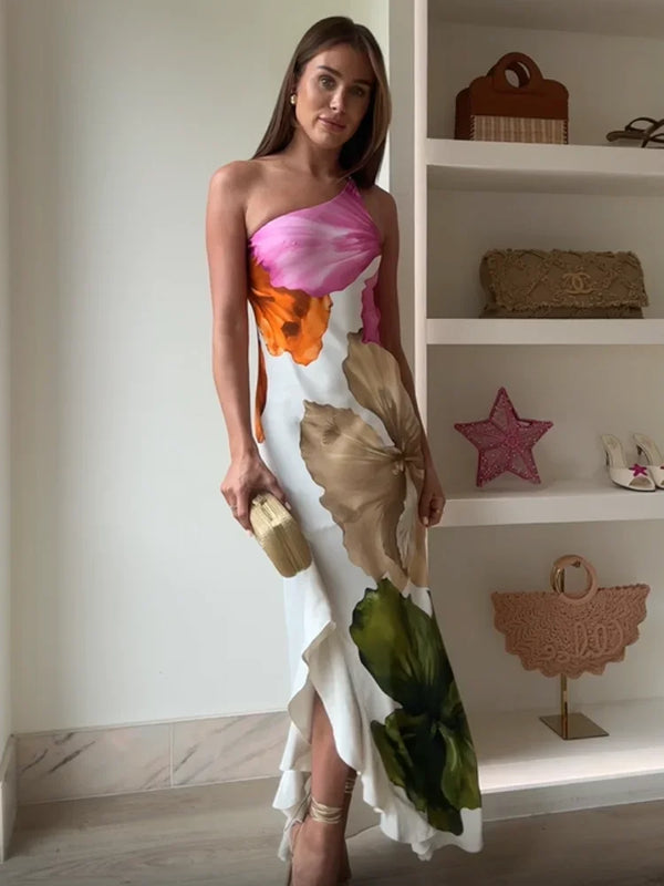 Women’s One-Shoulder Maxi Dress with Floral Print
