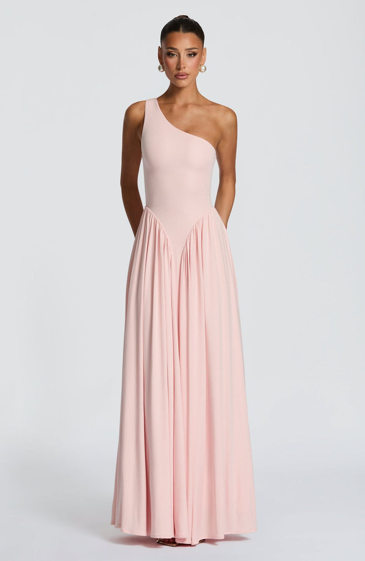 Women’s One-Shoulder Maxi Dress with Pleated Skirt and Fitted Bodice