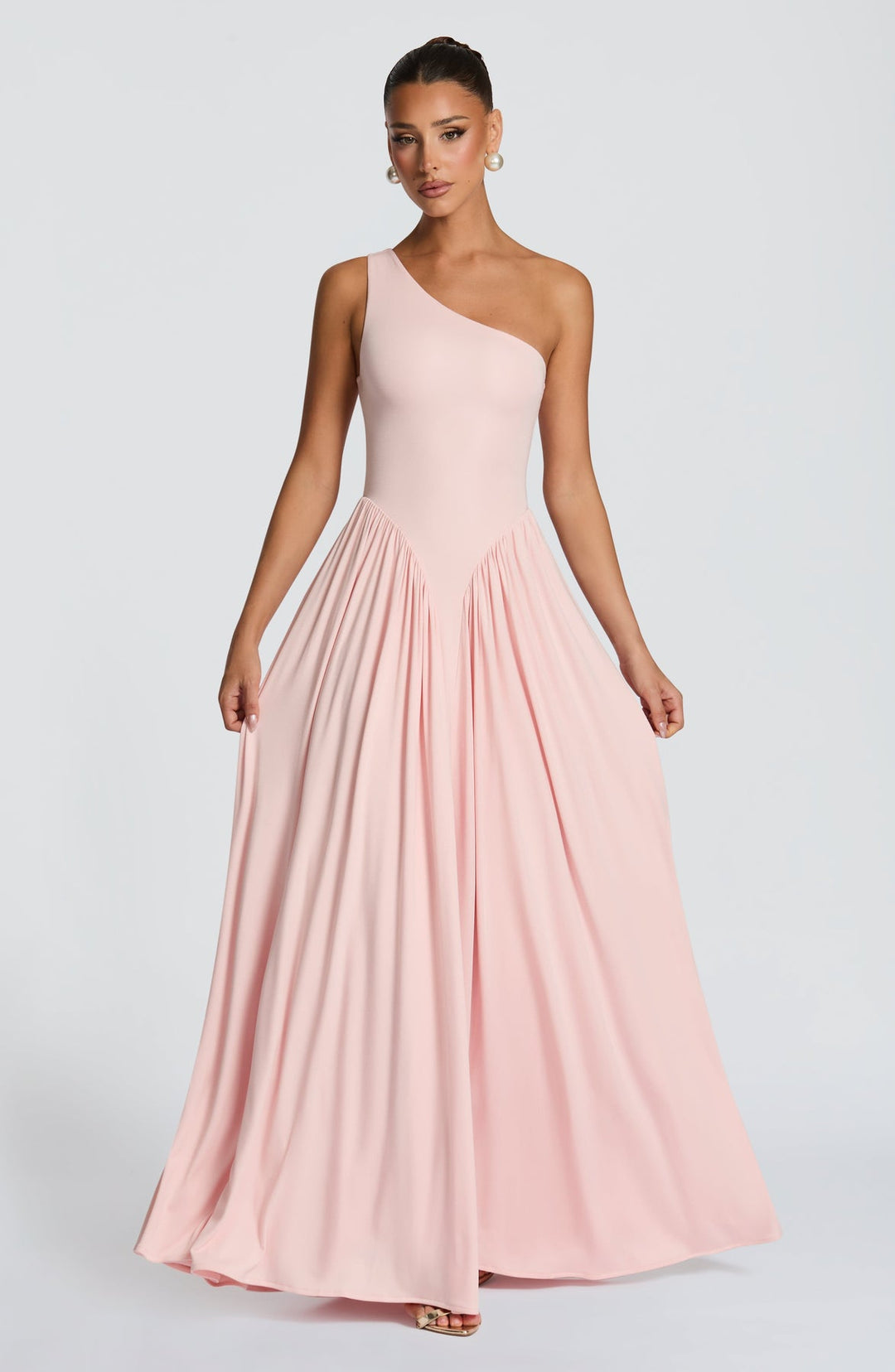 Women’s One-Shoulder Maxi Dress with Pleated Skirt and Fitted Bodice