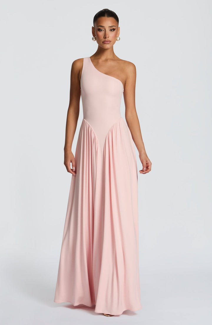 Women’s One-Shoulder Maxi Dress with Pleated Skirt and Fitted Bodice