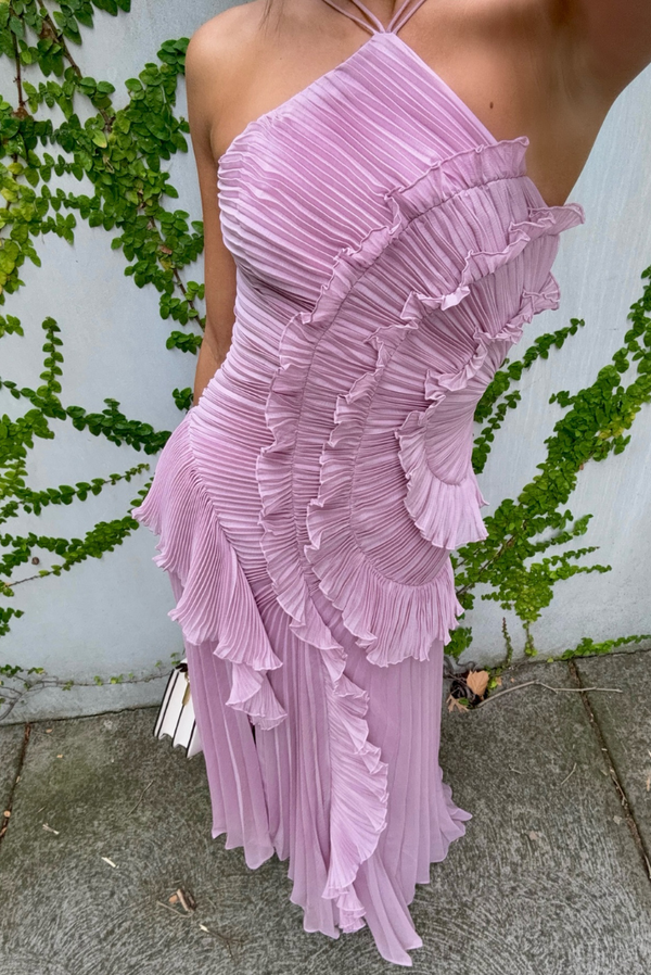 Women’s One Shoulder Ruffle Maxi Dress with Pleated Skirt