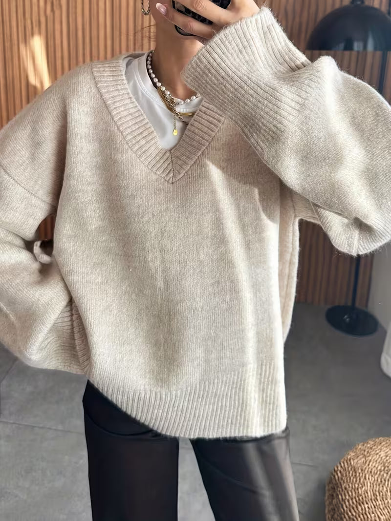 Women’s Oversized V-Neck Ribbed Knit Sweater