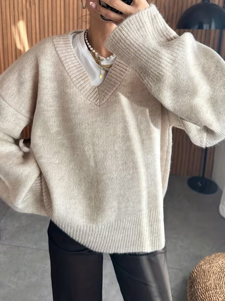 Women’s Oversized V-Neck Ribbed Knit Sweater