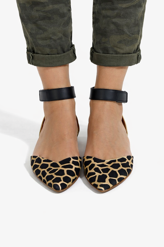 Women’s Pointed Toe Flat Shoes with Ankle Strap and Patterned Upper