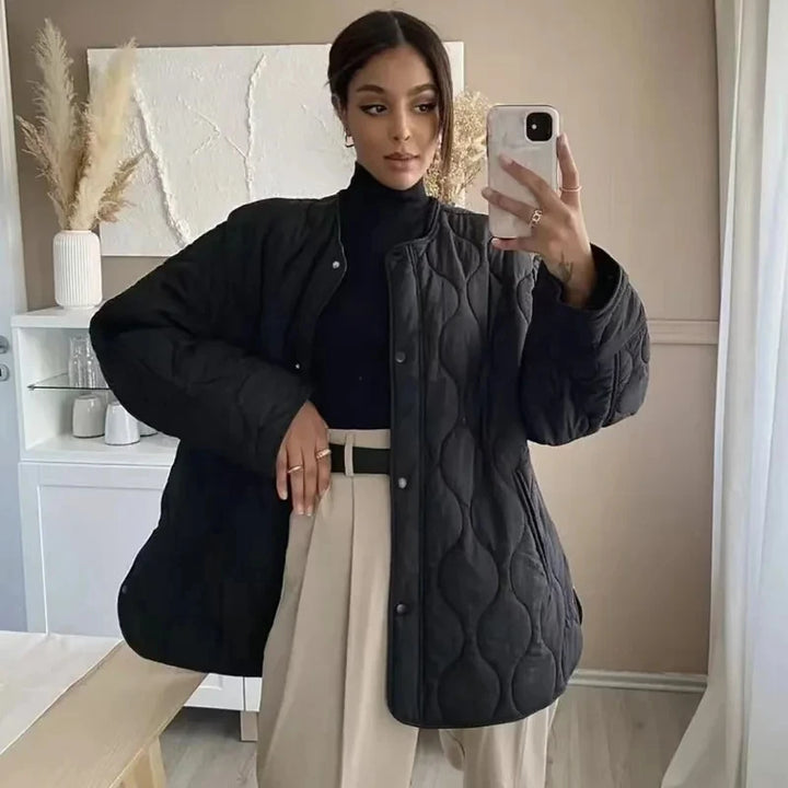 Women’s Quilted Button-Front Jacket with Round Neck