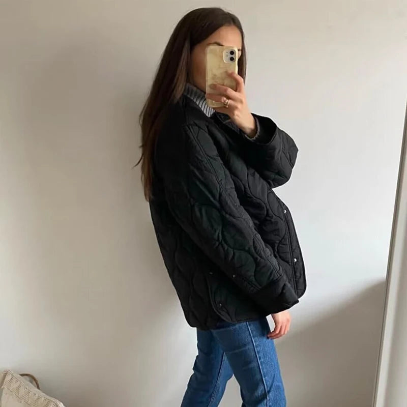 Women’s Quilted Button-Front Jacket with Round Neck