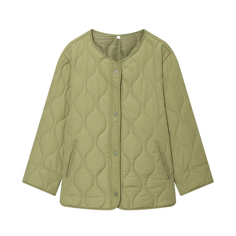 Women’s Quilted Button-Front Jacket with Round Neck