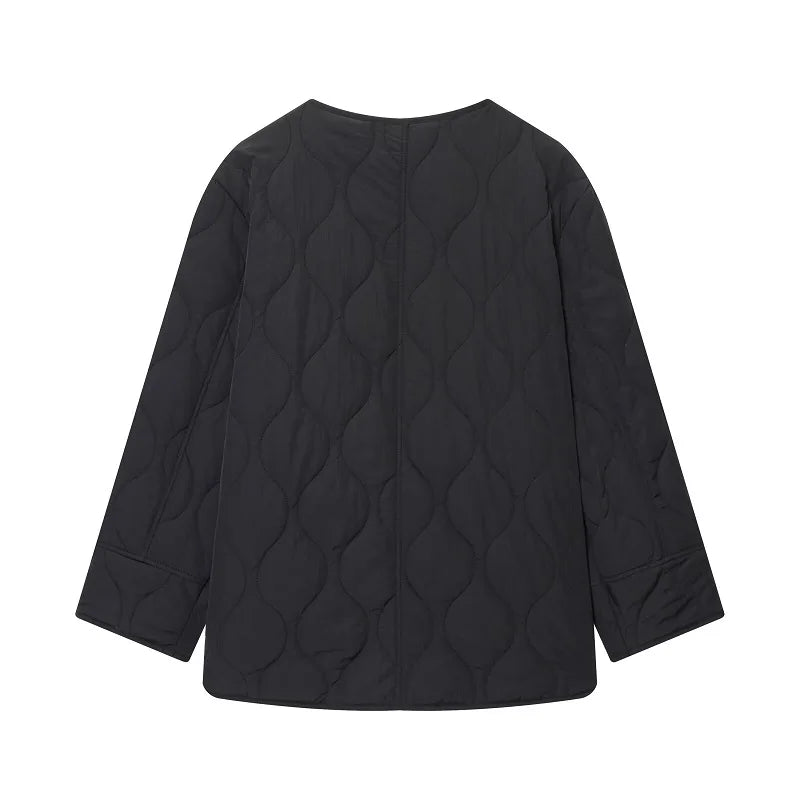 Women’s Quilted Button-Front Jacket with Round Neck