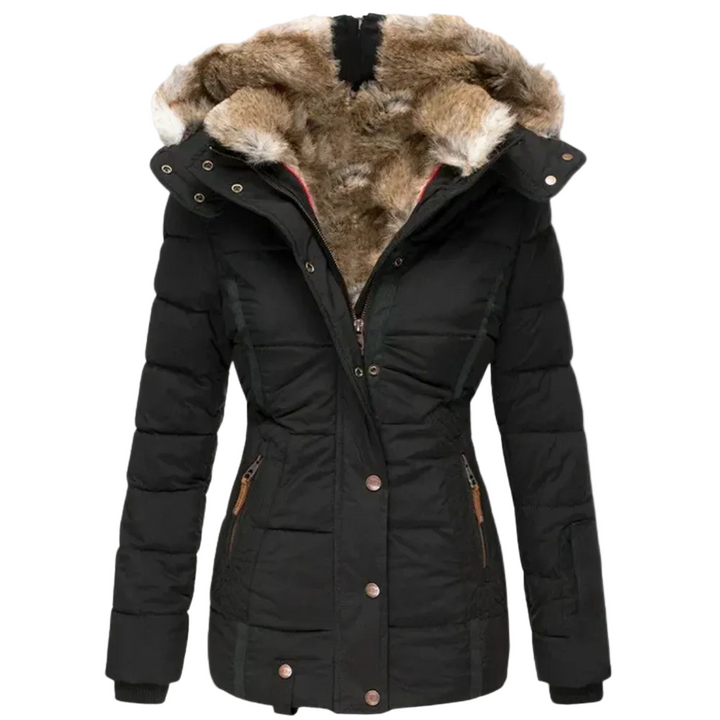 Women’s Quilted Puffer Jacket with Faux Fur Hood and Button Front