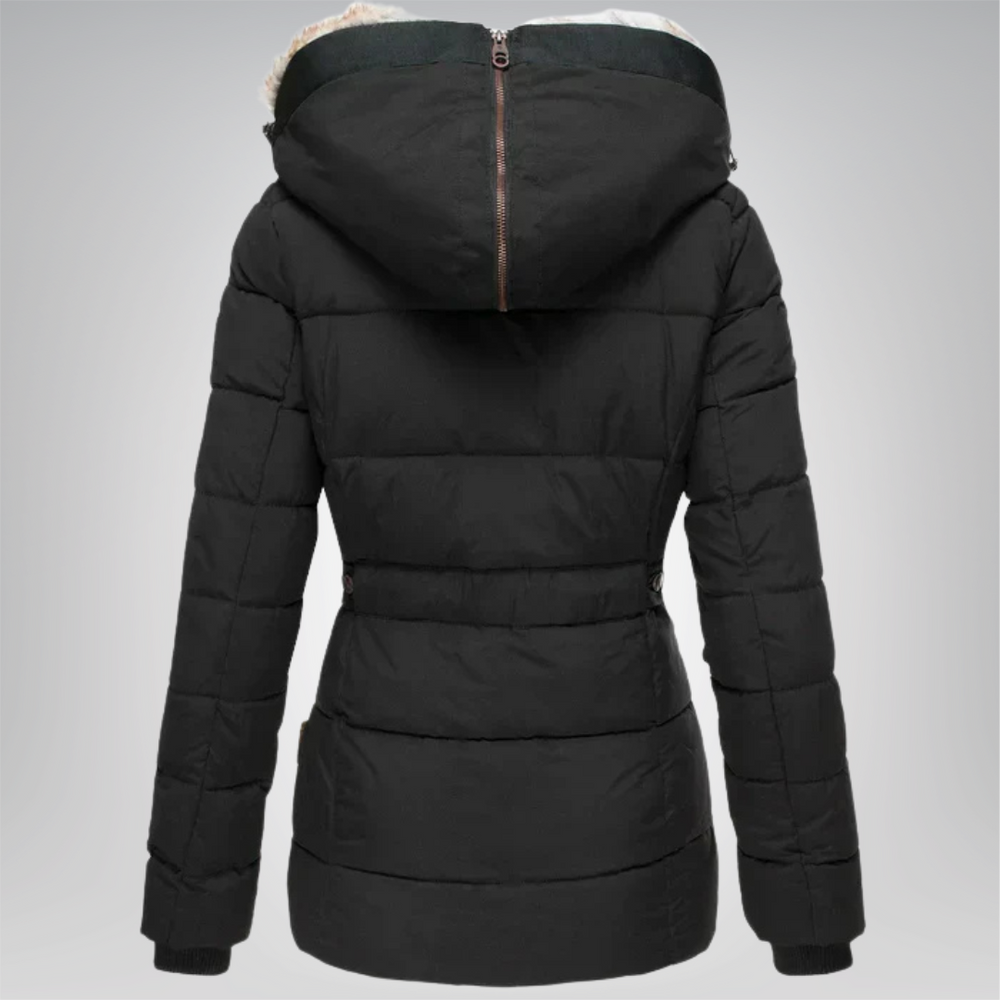 Women’s Quilted Puffer Jacket with Faux Fur Hood and Button Front