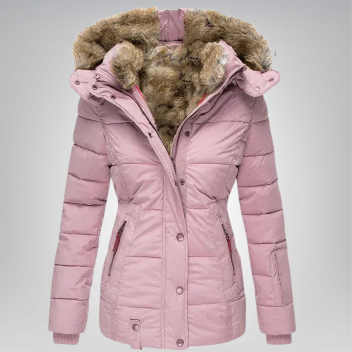 Women’s Quilted Puffer Jacket with Faux Fur Hood and Button Front
