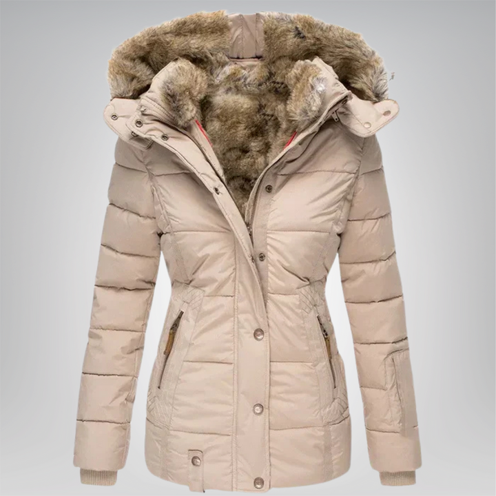 Women’s Quilted Puffer Jacket with Faux Fur Hood and Button Front