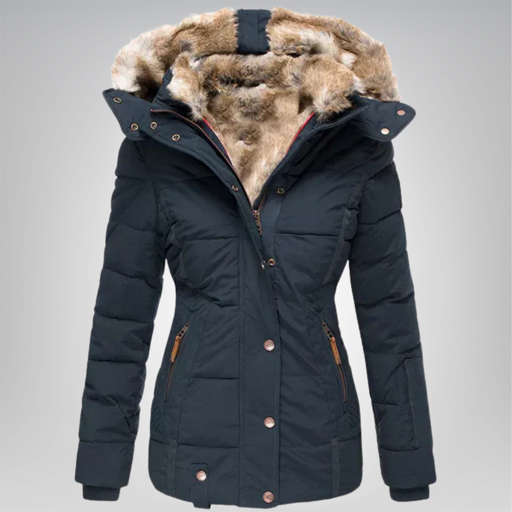 Women’s Quilted Puffer Jacket with Faux Fur Hood and Button Front