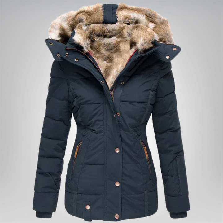 Women’s Quilted Puffer Jacket with Faux Fur Hood and Button Front