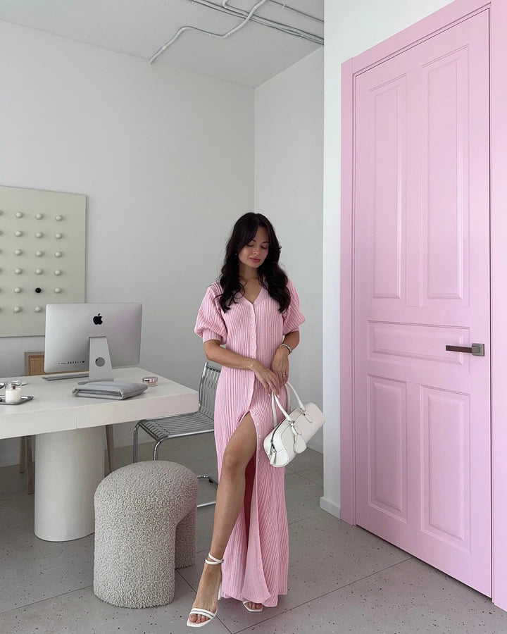 Women’s Ribbed Button-Front Maxi Dress with Short Sleeves