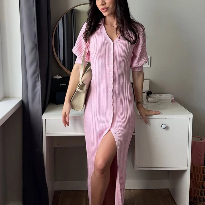 Women’s Ribbed Button-Front Maxi Dress with Short Sleeves