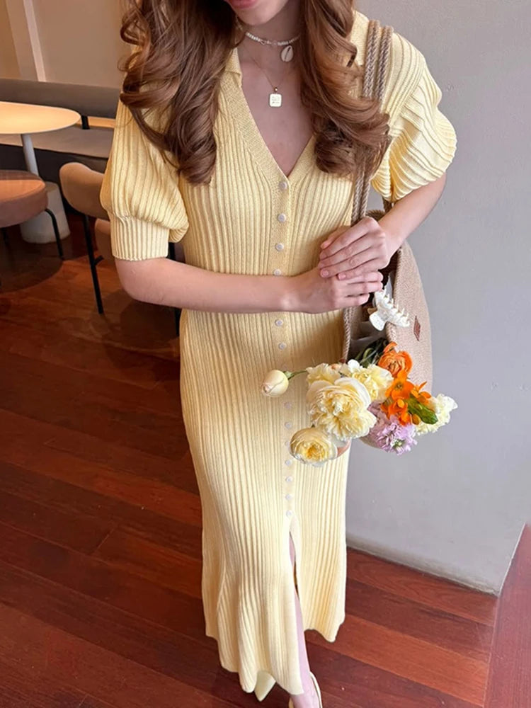 Women’s Ribbed Button-Front Maxi Dress with Short Sleeves
