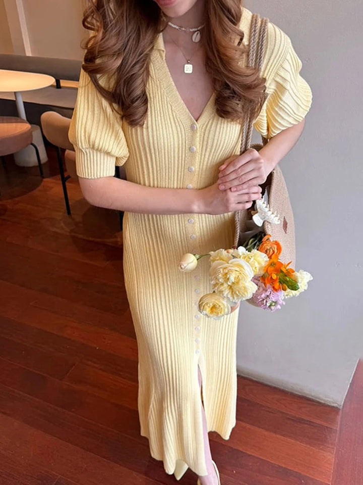 Women’s Ribbed Button-Front Maxi Dress with Short Sleeves