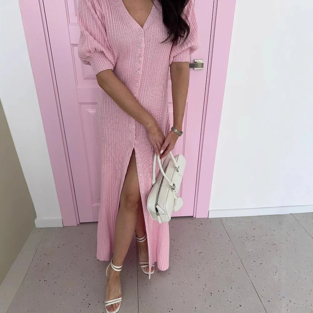 Women’s Ribbed Button-Front Maxi Dress with Short Sleeves