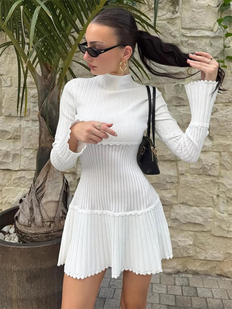 Women’s Ribbed Long Sleeve Mini Dress with High Neck