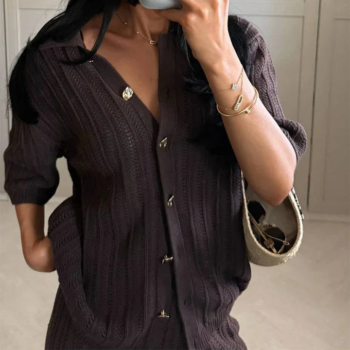 Women’s Ribbed Two-Piece Knit Set with Short Sleeve Buttoned Top and Straight-Leg Trousers