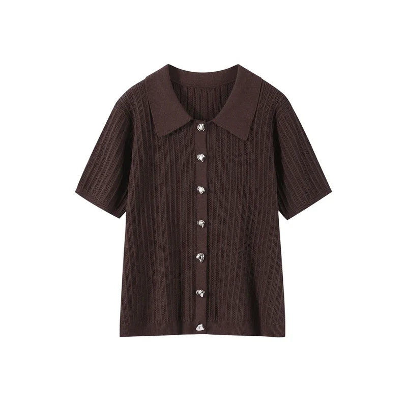 Women’s Ribbed Two-Piece Knit Set with Short Sleeve Buttoned Top and Straight-Leg Trousers