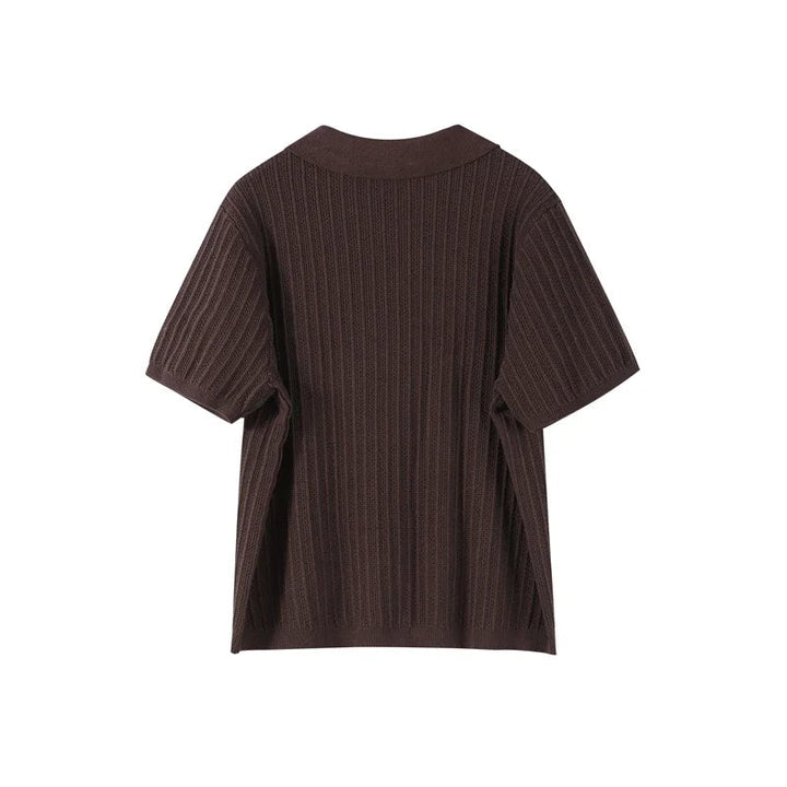 Women’s Ribbed Two-Piece Knit Set with Short Sleeve Buttoned Top and Straight-Leg Trousers