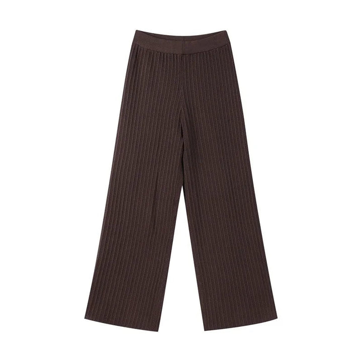 Women’s Ribbed Two-Piece Knit Set with Short Sleeve Buttoned Top and Straight-Leg Trousers