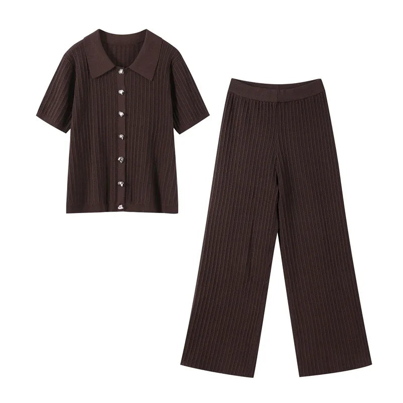 Women’s Ribbed Two-Piece Knit Set with Short Sleeve Buttoned Top and Straight-Leg Trousers