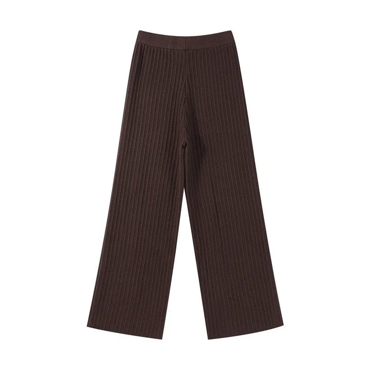 Women’s Ribbed Two-Piece Knit Set with Short Sleeve Buttoned Top and Straight-Leg Trousers