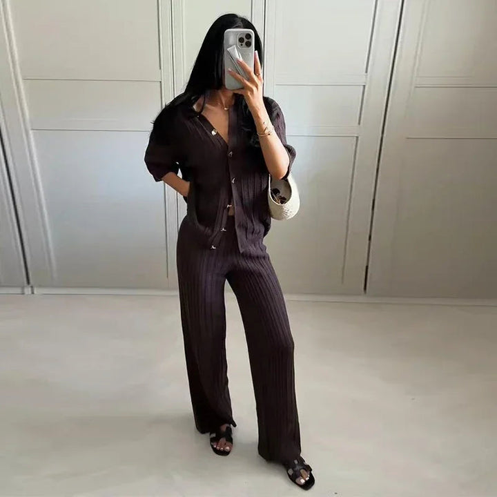 Women’s Ribbed Two-Piece Knit Set with Short Sleeve Buttoned Top and Straight-Leg Trousers