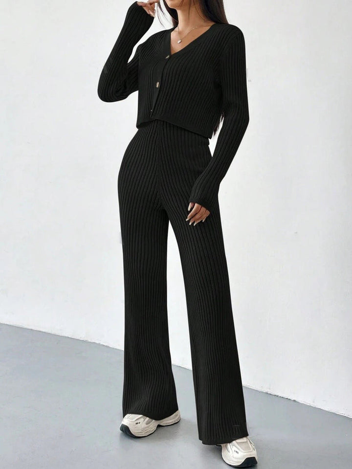 Women’s Ribbed Two-Piece Knit Set with Buttoned Top and Straight-Leg Trousers